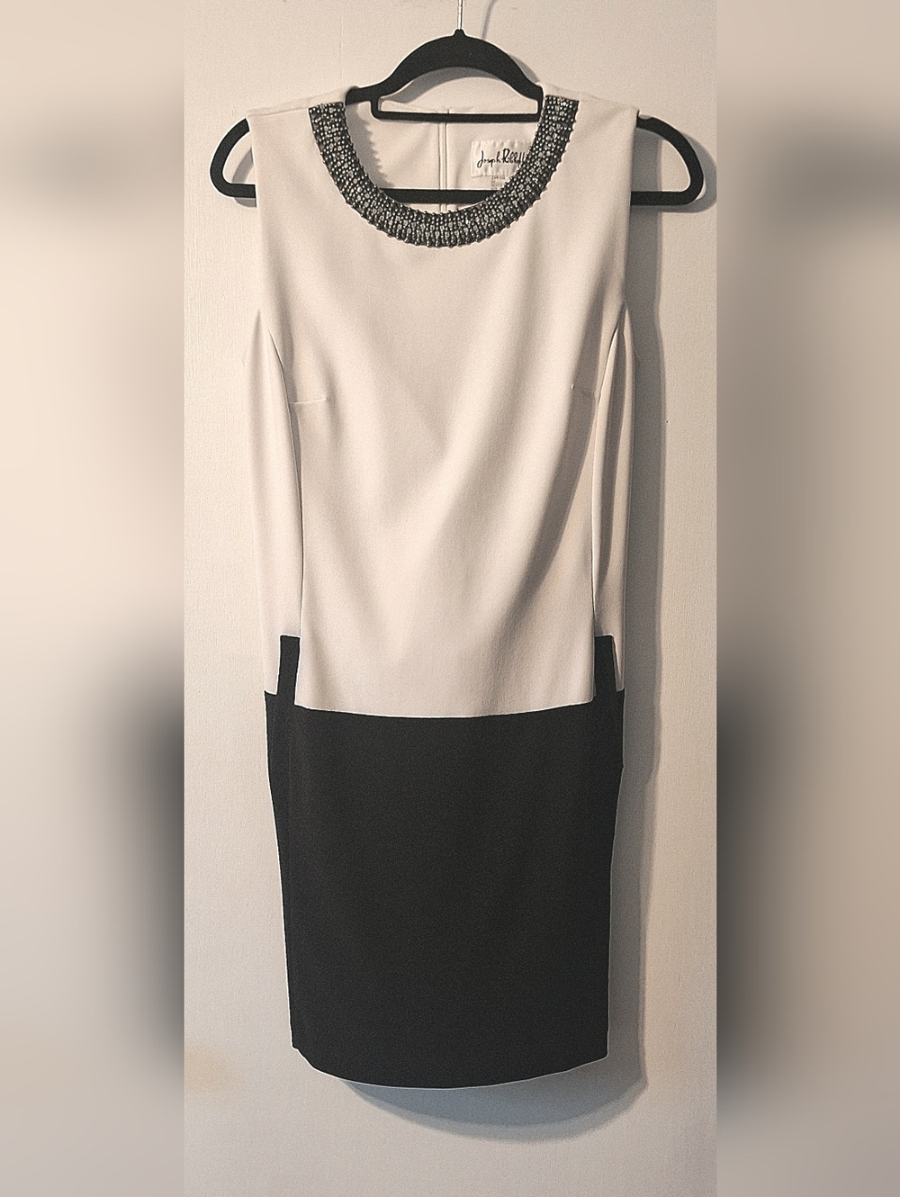 Joseph Ribkoff White Dress with Gunmetal and Crystal Beaded Collar